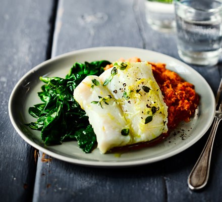 Herb & garlic baked cod with romesco sauce & spinach recipe 