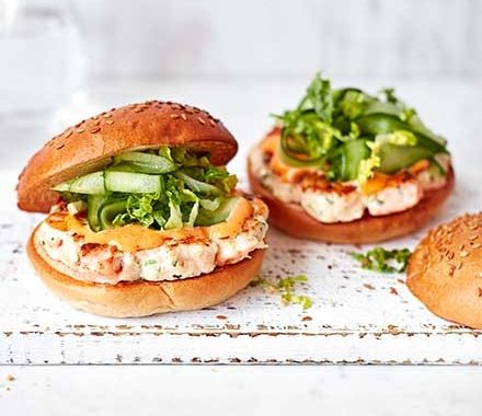 Prawn & salmon burgers with spicy mayo recipe