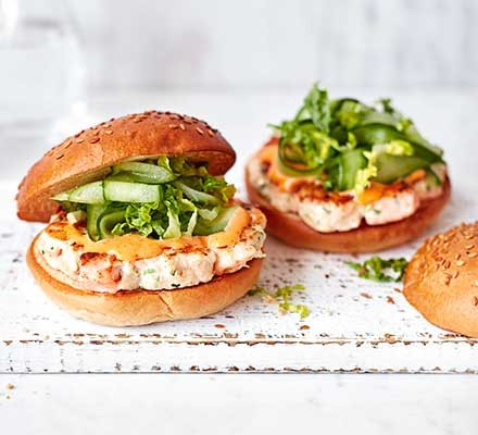 Prawn & salmon burgers with spicy mayo recipe 