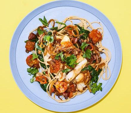 Cod puttanesca with spinach & spaghetti recipe