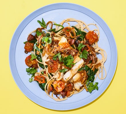 Cod puttanesca with spinach & spaghetti recipe 