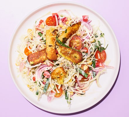 Cumin-spiced halloumi with corn & tomato slaw recipe 