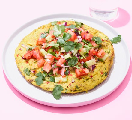 Curried chickpea cake with tomato sambal recipe 