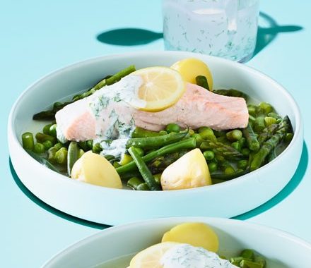 Steamed trout with mint & dill dressing recipe