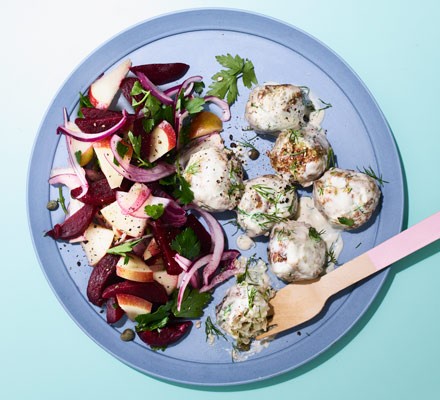 Swedish meatballs with beetroot & apple salad recipe 