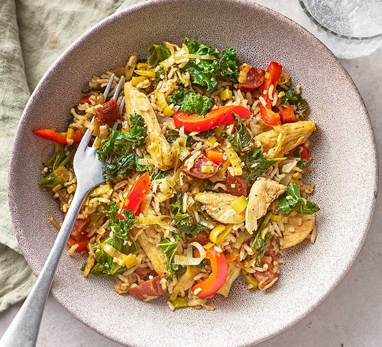 Chicken, leek & brown rice stir-fry recipe 