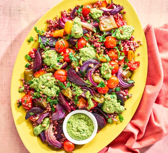 Giant couscous salad with charred veg & tangy pesto 