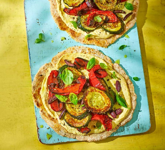 Hummus flatbread pizzas with roasted veg recipe 