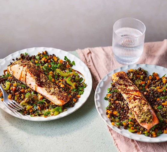 Puy lentils with seared salmon recipe 