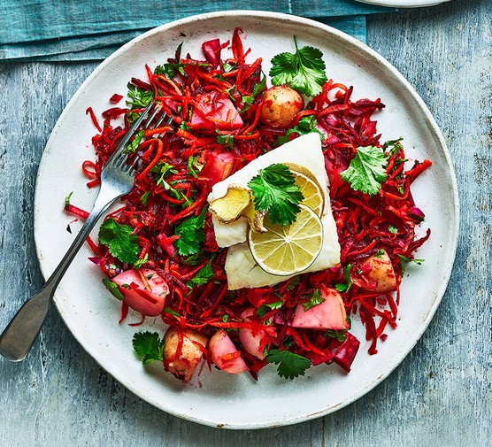 Roasted cod with zingy beetroot salad recipe 
