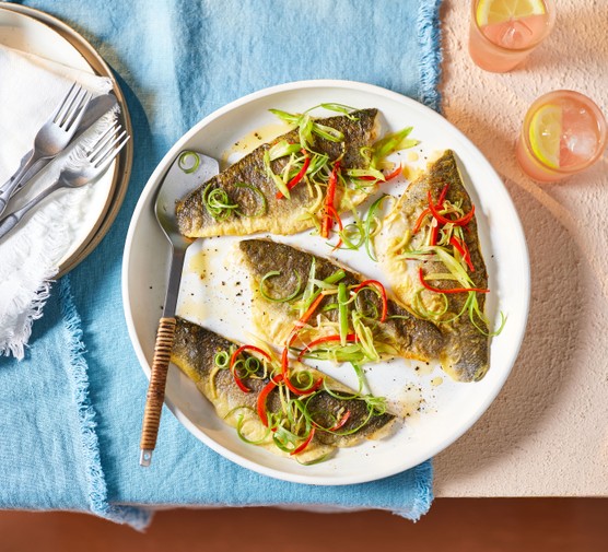 Sea bass with sizzled ginger, chilli &amp; spring onions recipe 