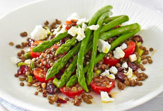 Asparagus & lentil salad with cranberries & crumbled feta recipe