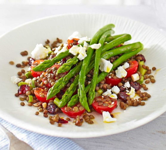 Asparagus & lentil salad with cranberries & crumbled feta recipe 