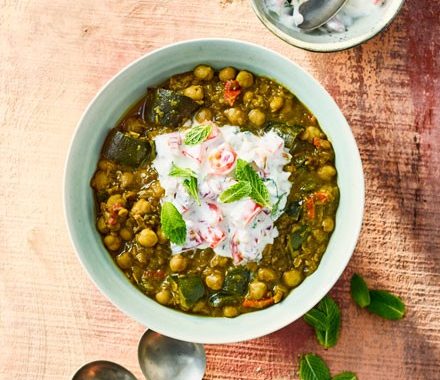 Aubergine dhal with tomato & onion raita recipe