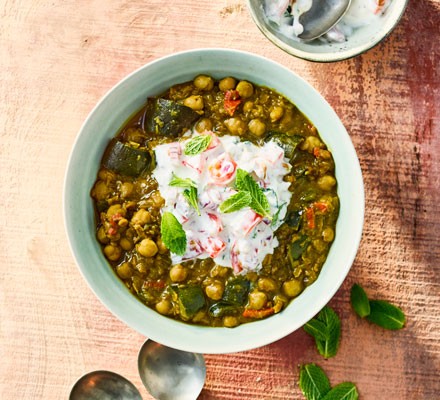 Aubergine dhal with tomato & onion raita recipe 