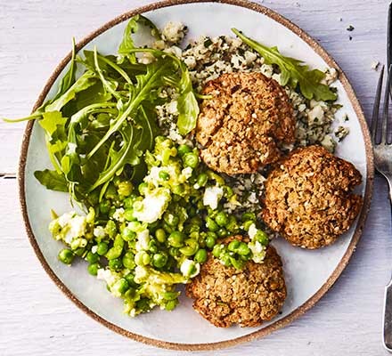 Baked falafel & cauliflower tabbouleh with avocado, pea & feta smash recipe 