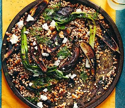 Buckwheat with charred baby aubergines recipe