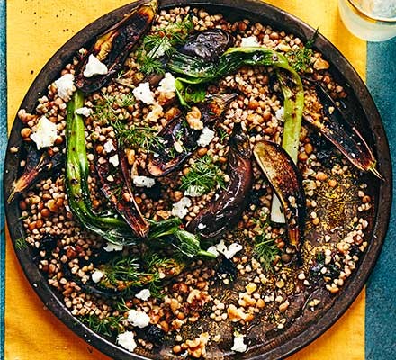 Buckwheat with charred baby aubergines recipe 