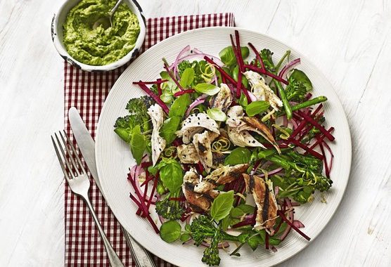 Chicken, broccoli & beetroot salad with avocado pesto recipe