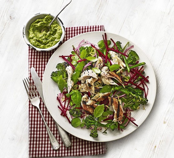 Chicken, broccoli & beetroot salad with avocado pesto recipe 