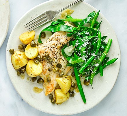 Chicken piccata with garlicky greens & new potatoes recipe 