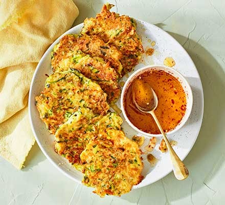 Sesame, halloumi & courgette fritters with chilli honey drizzle recipe 