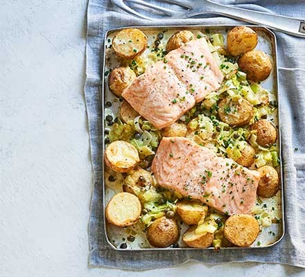 Creamy salmon, leek & potato traybake recipe 