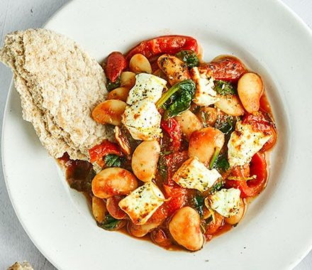Crispy grilled feta with saucy butter beans recipe