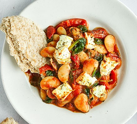 Crispy grilled feta with saucy butter beans recipe 