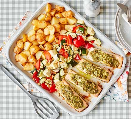 Salmon pesto traybake with baby roast potatoes recipe 