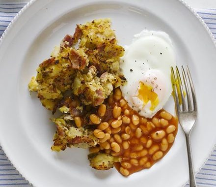 Ham & potato hash with baked beans & healthy ‘fried’ eggs recipe