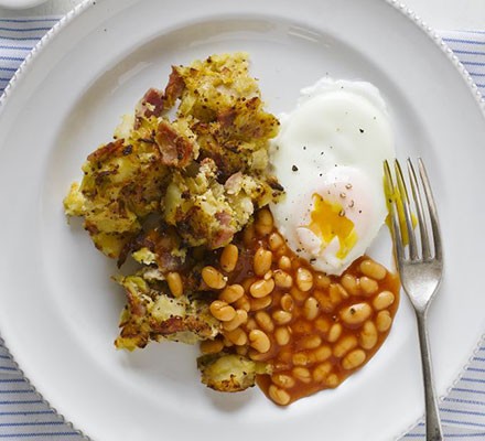 Ham & potato hash with baked beans & healthy ‘fried’ eggs recipe 