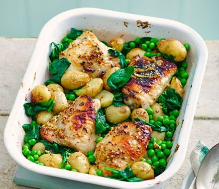 Honey & mustard chicken thighs with spring veg recipe