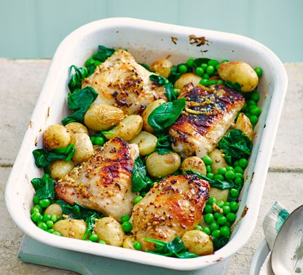 Honey & mustard chicken thighs with spring veg recipe 