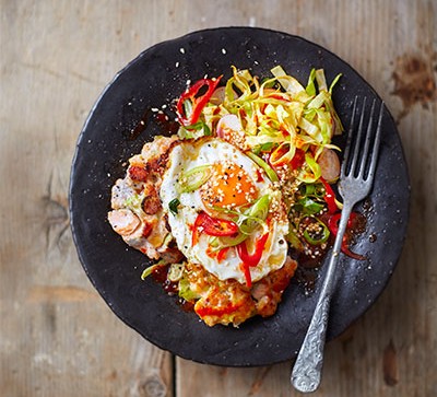 Korean fishcakes with fried eggs & spicy salsa recipe