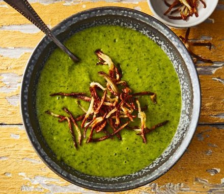 Leek, kale & potato soup topped with shoestring fries recipe
