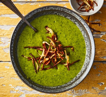 Leek, kale & potato soup topped with shoestring fries recipe 