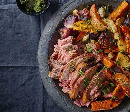 Moroccan roast lamb with roasted roots &amp; coriander recipe