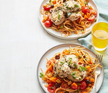 Parmesan pork with tomato & olive spaghetti recipe
