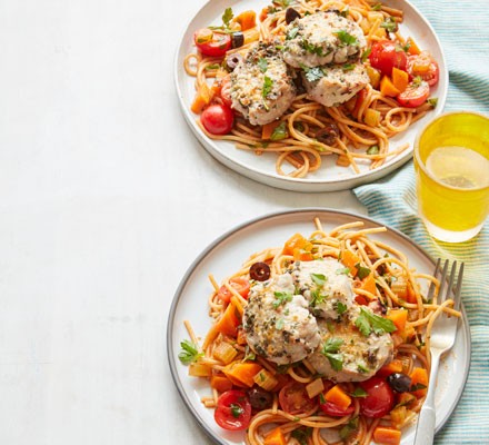 Parmesan pork with tomato & olive spaghetti recipe 