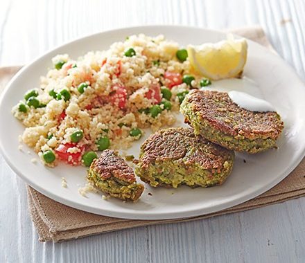 Pea falafels with minty couscous salad recipe