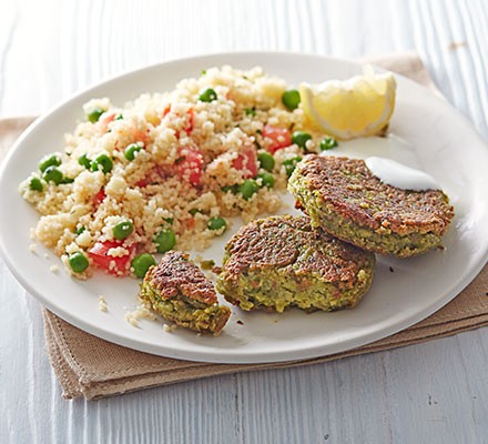 Pea falafels with minty couscous salad recipe 