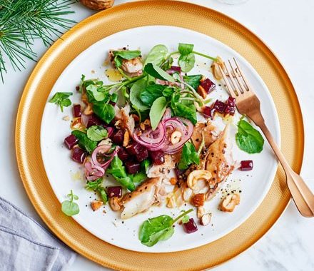 Peppered mackerel & pink pickled onion salad recipe