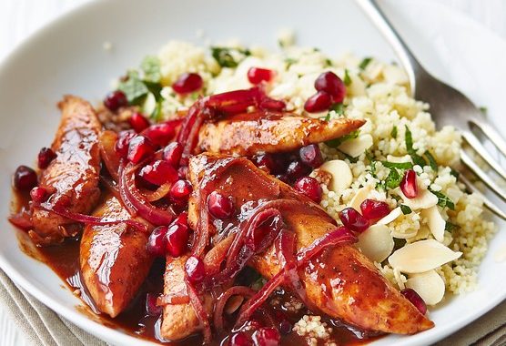 Pomegranate chicken with almond couscous recipe