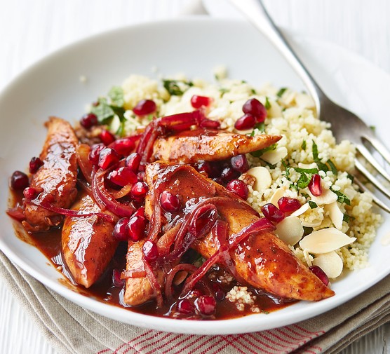 Pomegranate chicken with almond couscous recipe 