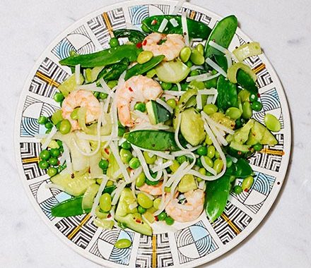 Sesame prawn & smacked cucumber rice noodles recipe