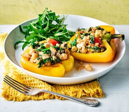Quinoa-stuffed peppers with roast tomatoes & feta recipe