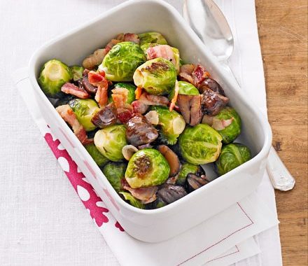 Roasted brussels sprouts with bacon & chestnuts recipe