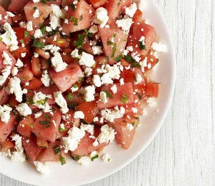 Tomato, watermelon & feta salad with mint dressing recipe