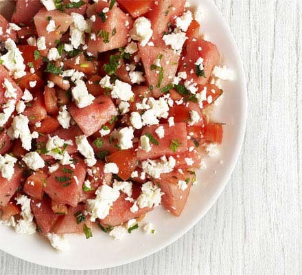 Tomato, watermelon & feta salad with mint dressing recipe 